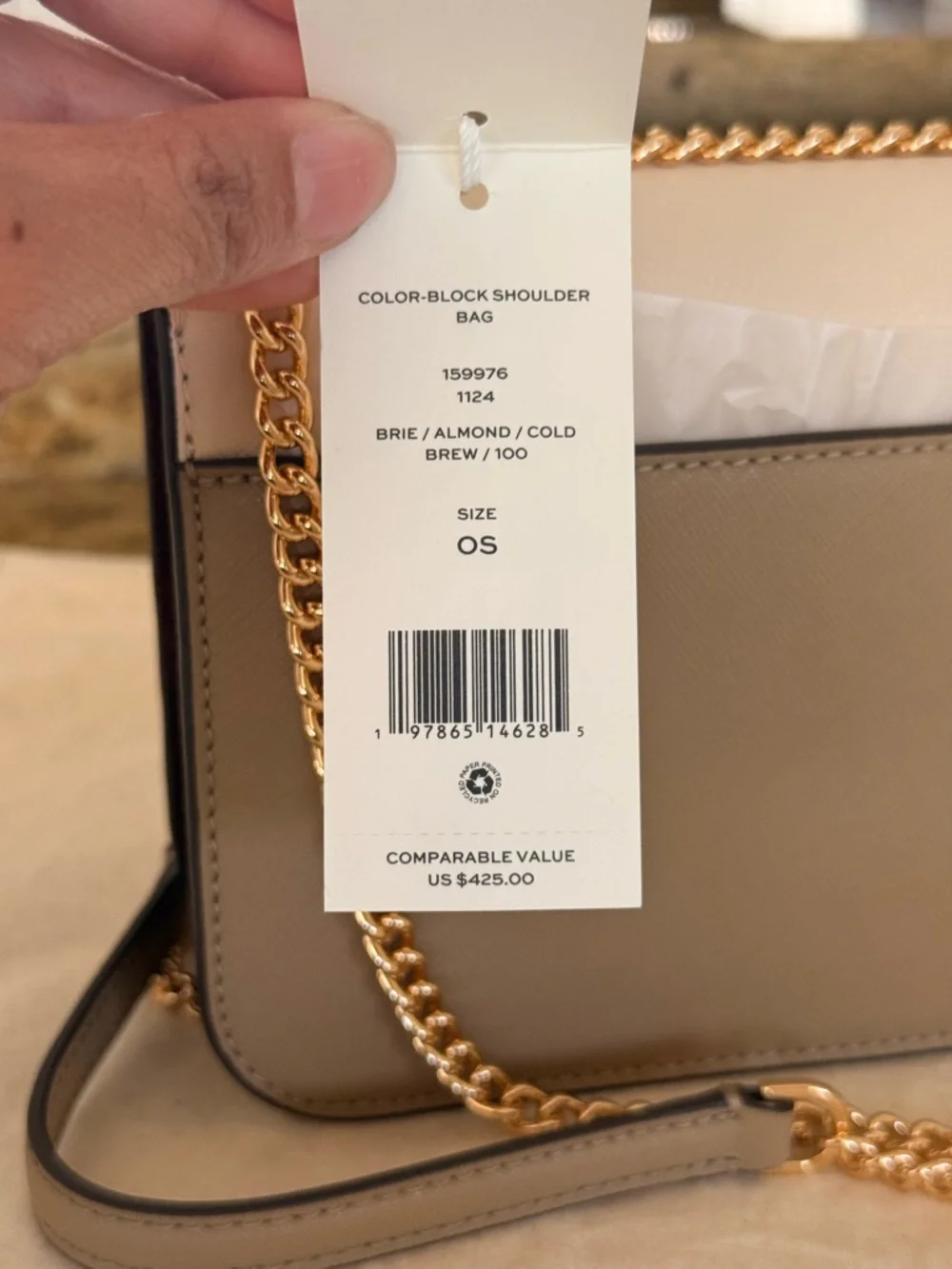 New Tory Burch COLOR-BLOCK SHOULDER BAG BRIE / ALMOND / COLD BREW
